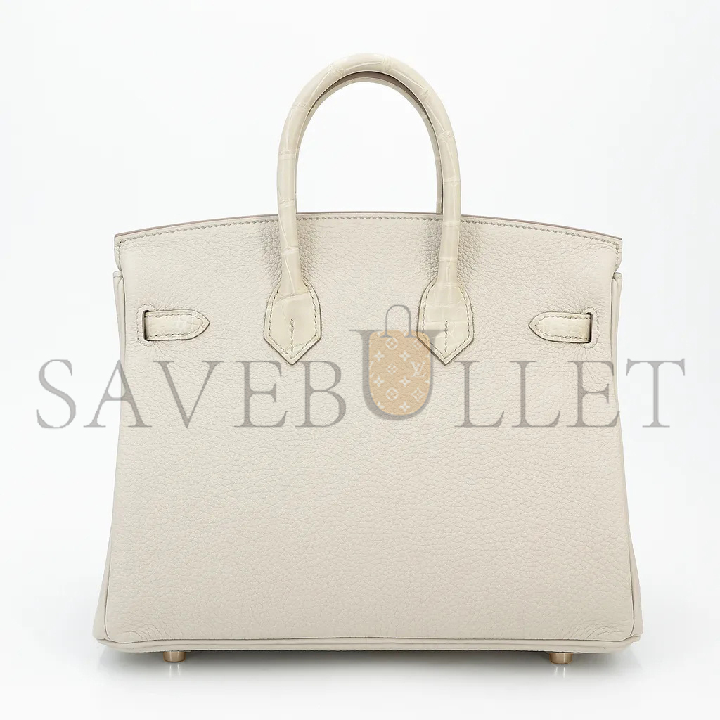 HERMÈS MASTER BIRKIN 25 CROCODILE AND TOGO LEATHER MILKSHAKE WHITE GOLD BUCKLE H076216CK18 (25*20*13cm)